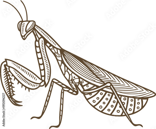 Detailed hand drawn illustration of a praying mantis with ornamental patterns and intricate wing design