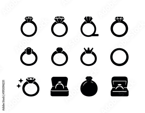 Engagement ring. Solid icon set of engagement ring: solitaire engagement ring, diamond engagement ring, ring side view, ring top view, ring