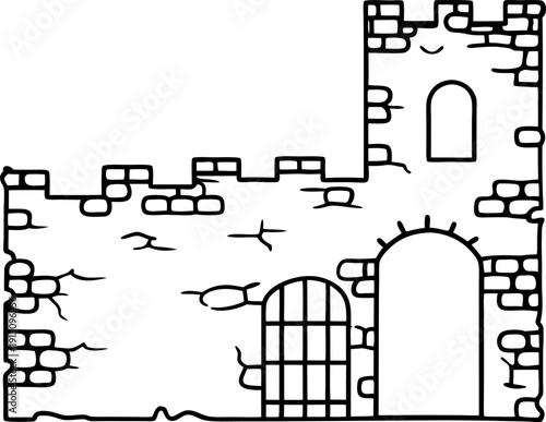 Old stone castle wall with tower and barred gate outline drawing illustration