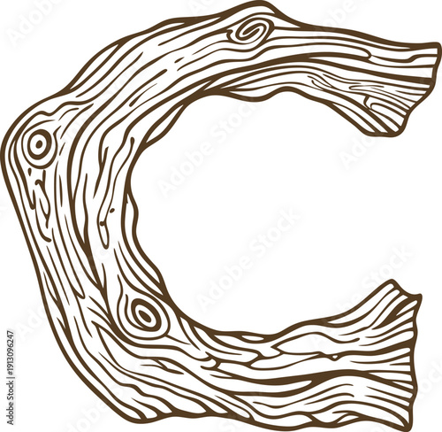Curved wooden log letter c with natural tree rings and wood grain texture illustration