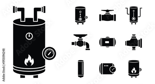 Black silhouettes of water heaters valves and related plumbing components