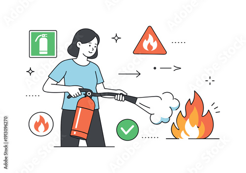 Using fire safety equipment. Person calmly handling a fire extinguisher during training, controlled and confident action. Simple flames,