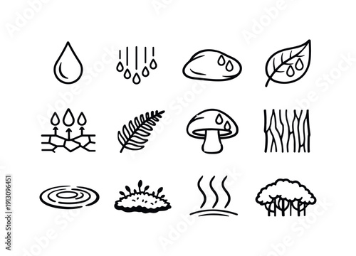 Nature Moisture. Line icon set of Nature Moisture: rain droplet, condensation lines, wet stone, leaf veins with drops, soil moisture symbol,