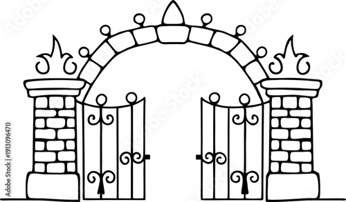 Ornate wrought iron gate with brick pillars and decorative arch in black and white line art