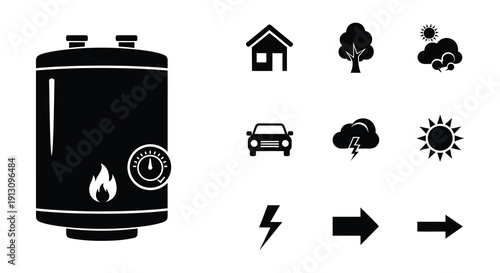 Black silhouettes of water heaters valves and related plumbing components