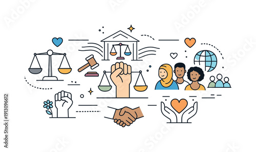 Social justice movements. A clean editorial composition with icons representing justice, balance, and community connected by simple lines.