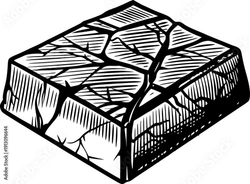 Chocolate bar engraving illustration detailed piece with cracks and texture in black and white