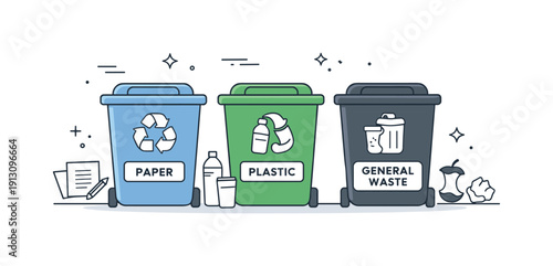 Waste sorting system. A clean editorial scene with multiple bins for paper, plastic, and general waste, neatly aligned to emphasize clarity