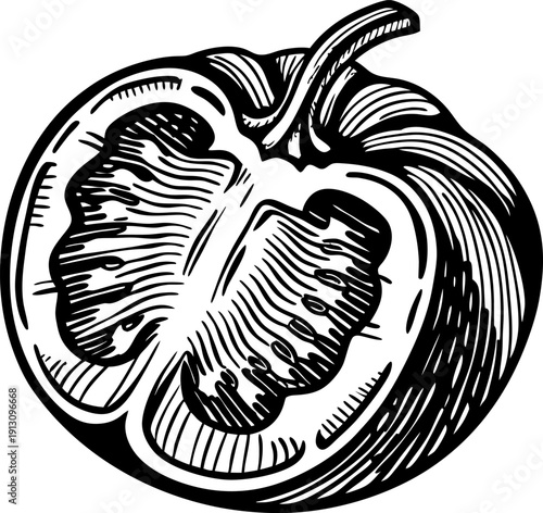 Vintage black and white illustration of a sliced bell pepper with seeds and stem