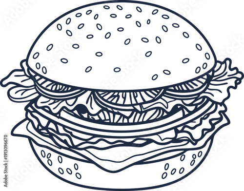 Classic hamburger illustration with lettuce, tomato, onion, and sesame seed bun