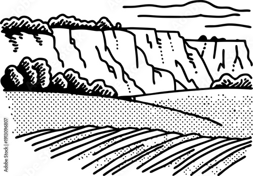 Cliff landscape with fields and bushes rolling hills, nature scenery with rugged cliff and farmland