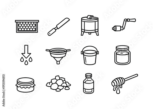 Honey Harvesting Icons. Honey Harvesting. Line icon set of Honey Harvesting: honeycomb frame, uncapping knife, extractor drum, spinning handle, honey flow