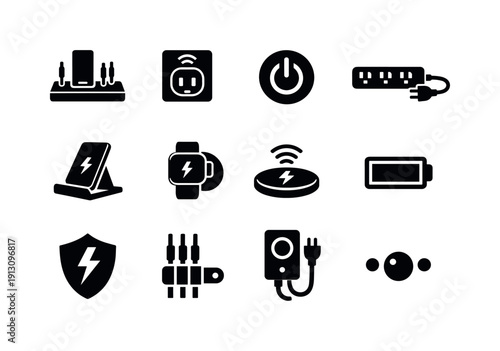 Home Charging Icons. Home charging station. Solid icon set of Home charging station: charging hub on desk, smart plug, power button, extension cord, phone