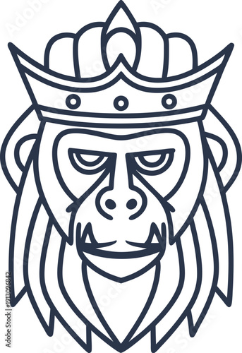 King monkey head emblem with crown, strong primate face design, majestic and fierce animal illustration