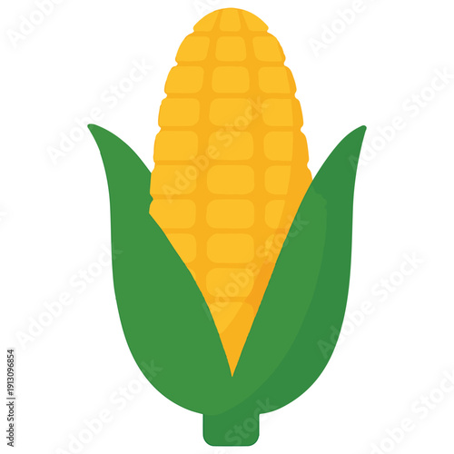 A bright yellow ear of corn with green husks in a clean flat design. Perfect for farm-to-table branding and harvest themes.