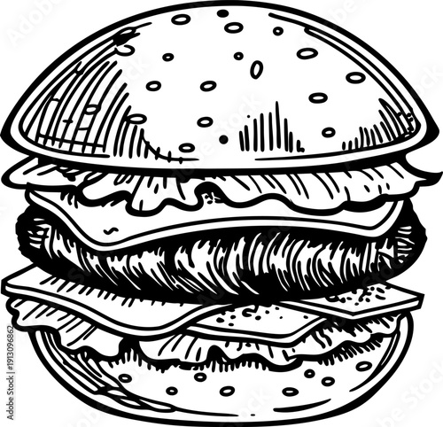 Classic cheeseburger illustration with lettuce, tomato, and sesame seed bun in black and white