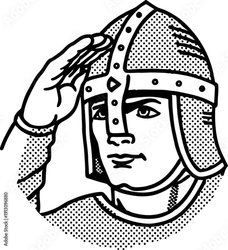 Medieval knight saluting with helmet and armor, vintage black and white illustration