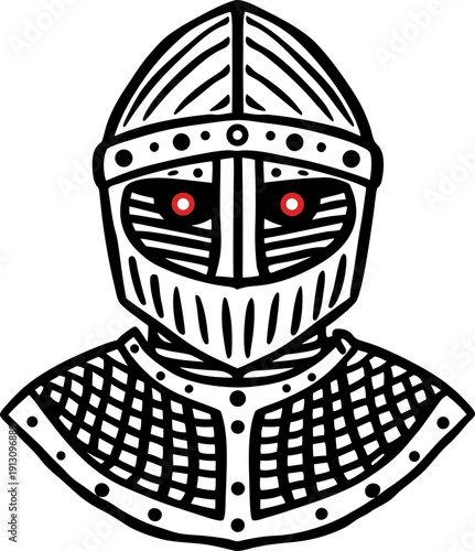 Medieval knight helmet with glowing red eyes, armored warrior protection, vintage armor illustration