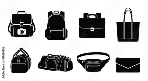 Collection of various black silhouette bags and travel accessories