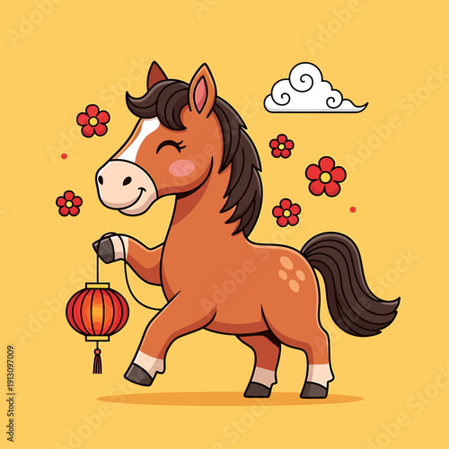 Cute Cartoon Horse Holding a Chinese Lantern.