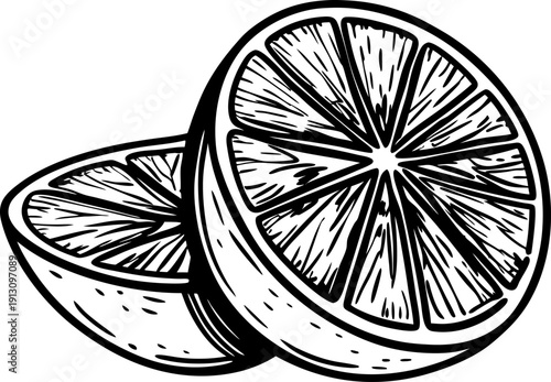 Black and white illustration of two citrus fruit halves with detailed segments and textured rind