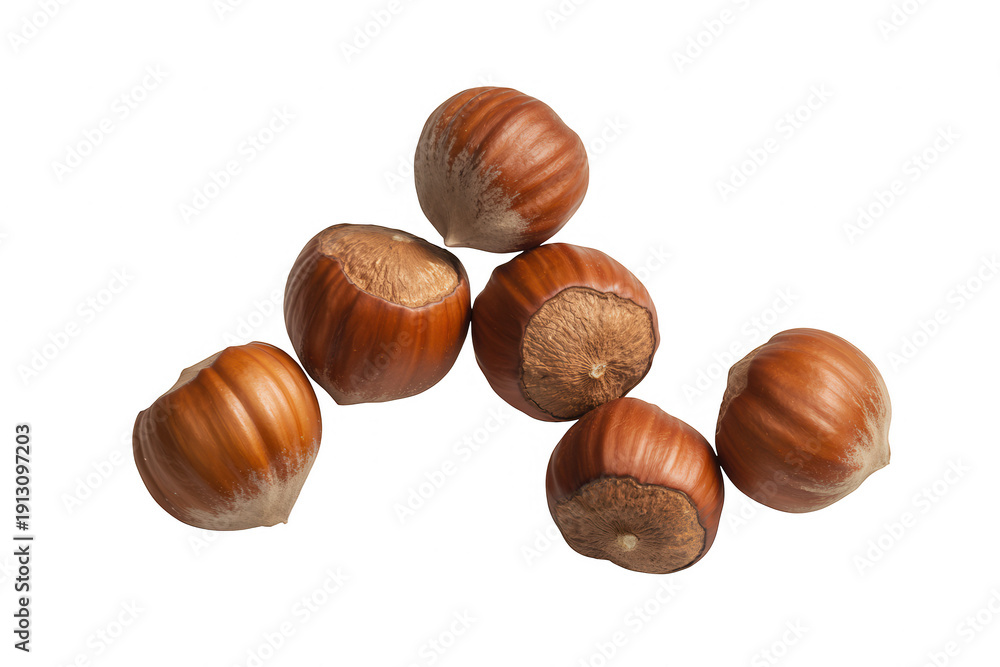 Obraz premium Six brown hazelnuts food isolated on a transparent background