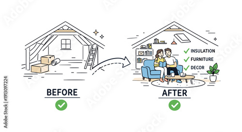 Attic transformation process. Before-and-after style scene showing an empty attic turning into a cozy living area. Clear sense of progress