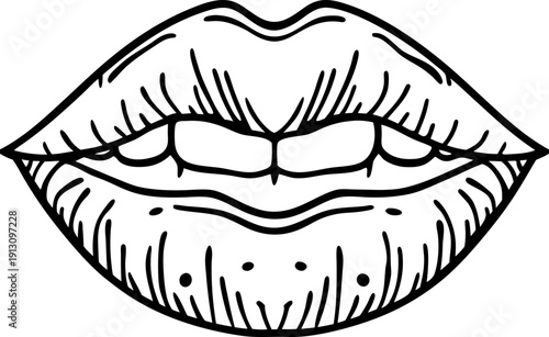 Black and white illustration of lips biting the lower lip with detailed line art and shading