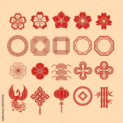 Collection of Traditional Chinese Decorative Elements and Symbols.