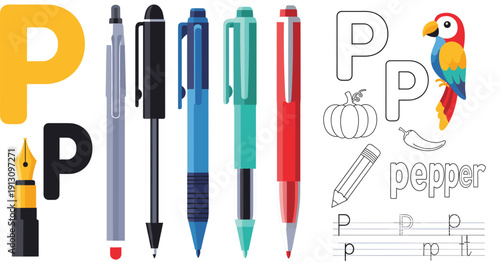 Alphabet Letter P Learning Vector Illustration for Kids with Pens Pencil Parrot Pepper Objects Handwriting Practice and Preschool Education Design