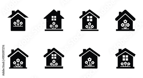 Simple black house icons with floral elements arranged in a grid