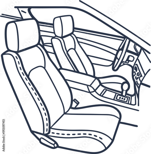 Detailed line drawing of car interior with front seats, steering wheel, and console