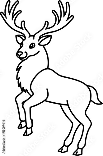 black and white line art of a majestic deer with large antlers standing on its hind legs