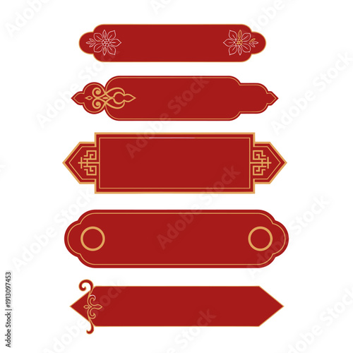 Set of Traditional Chinese Red Banners with Ornate Designs.