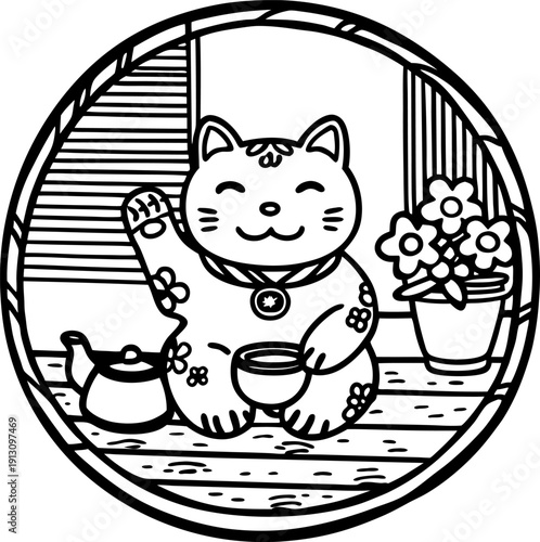 maneki neko cat with teapot and cup inside circular frame japanese lucky charm with floral decor and flower pot