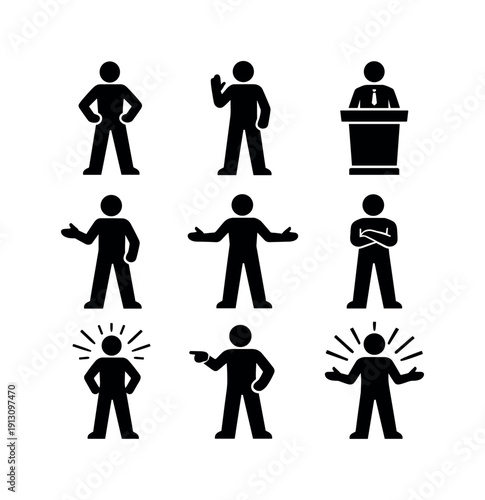   Confident speaking posture. Filled icon set of Confident speaking posture: upright stance,