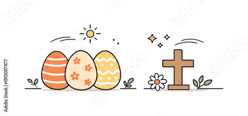 Easter Symbols. Christian holidays and their traditions. Easter scene with decorated eggs and a small cross arranged neatly on a table. Symbolic celebration of