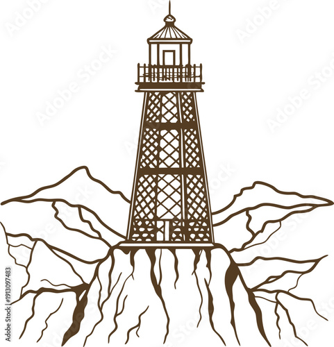 Lighthouse on rocky cliff with mountains background coastal navigation tower by rugged terrain