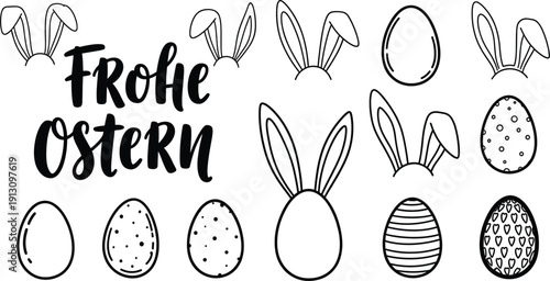Frohe Ostern Easter Outline Illustration Set with Bunny Ears, Eggs, Hand Drawn Doodles, and German Holiday Typography for Spring and Easter Designs