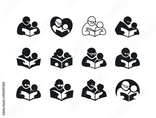 Grandparent reading to child. Icon set. Set Logo of grandparent reading to child: storytelling silhouette duo. harmonious logo variations of