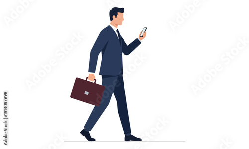 Businessman Walking Holding Briefcase and Checking Mobile Phone