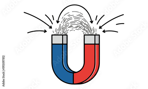 Horseshoe Magnet Attraction Doodle with Magnetic Field Lines