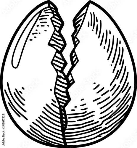 Cracked egg shell detailed black and white sketch with textured shading broken open