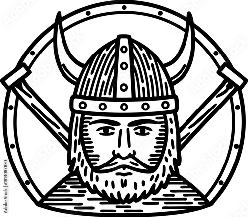 Viking warrior with horned helmet and beard old norse warrior emblem with crossed axes and round shield