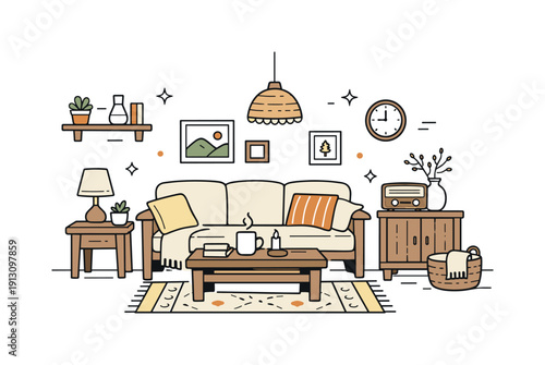 Rustic vintage interior. Cozy living room with wooden furniture, soft textiles, and warm natural tones, calm and nostalgic atmosphere.