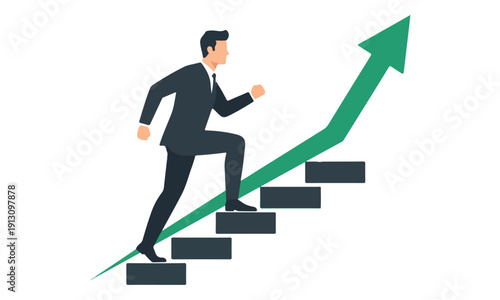 Business Growth: Man Running Up Staircase with Upward Green Arrow