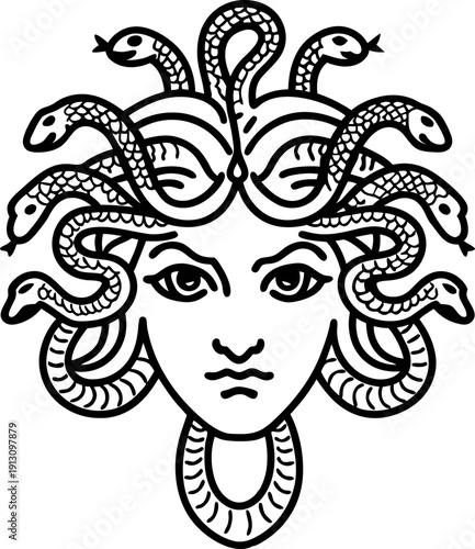 Medusa head with snakes mythological gorgon face, ancient greek legend symbol of danger and protection
