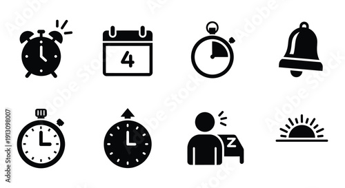 Collection of black silhouette icons representing time and schedules