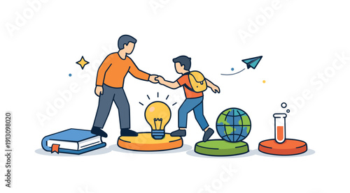 Groundbreaking work in education and pedagogy conveyed by a mentor guiding a student across stepping stones shaped like ideas and concepts.