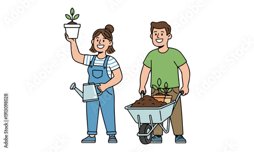 Gardening Couple Working with Seedlings and Wheelbarrow Illustration